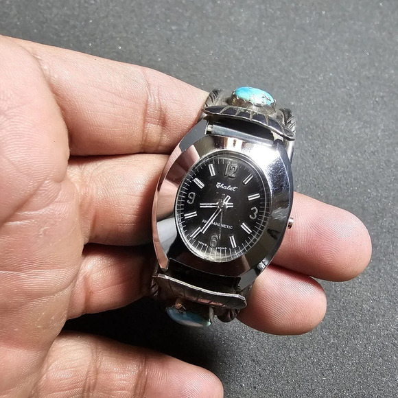 Sterling Silver And Turquoise Navajo Native American Watch Cuff Signed TJV Heavy - Picture 2 of 12